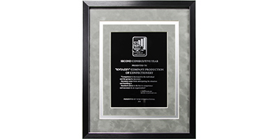Объёмное оформление алюминиевой выгравированной награды в черном багете с бархатным и серебряным паспарту